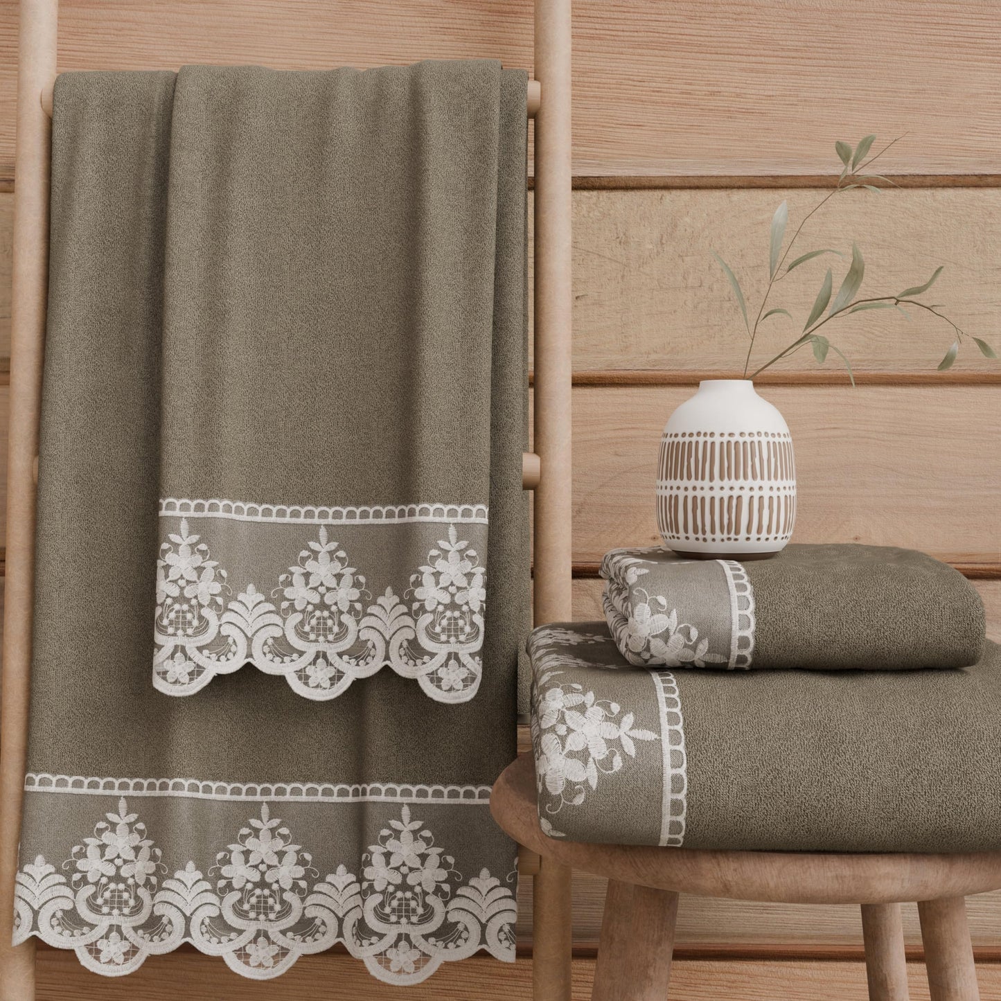 PETTI Artigiani Italiani - 100% Cotton Terry Bath Towels, 1+1 Towel Set, 2 Pieces 1 Face Towel and 1 Hand Towel, Mud