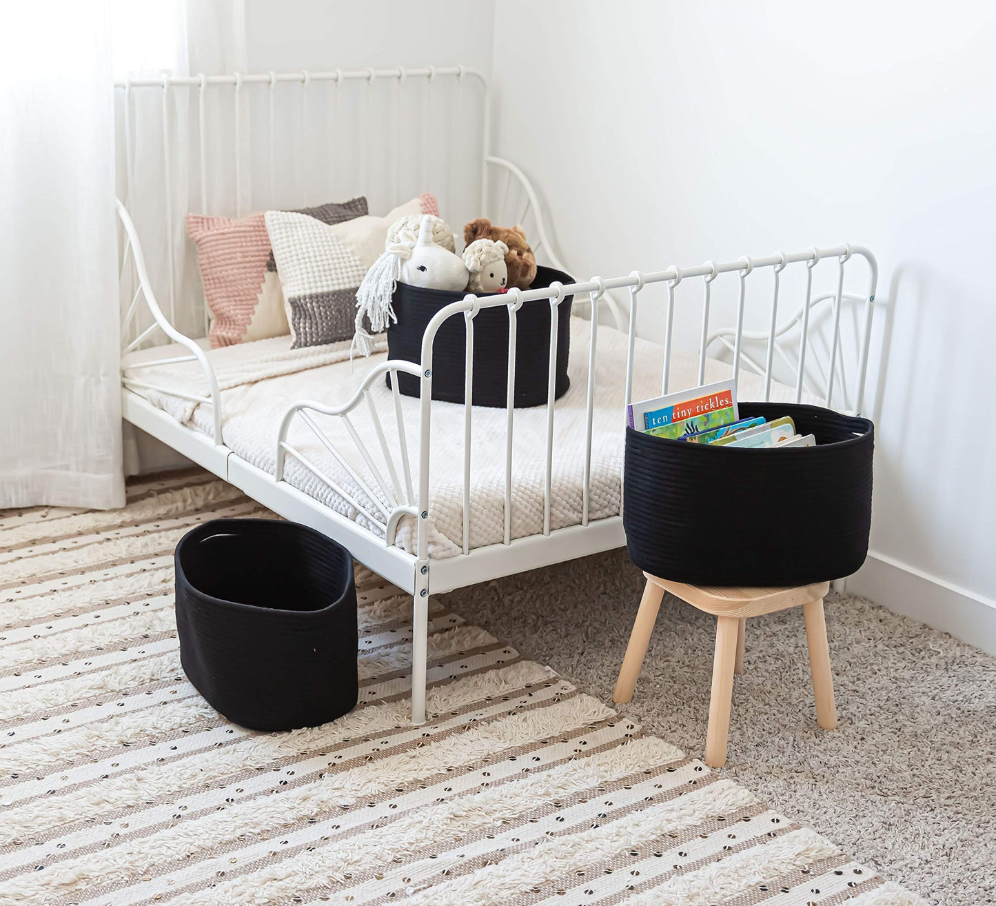 OrganiHaus Pack of 3 Black Bathroom Storage Baskets, Woven Basket for Storage, Toilet Roll Basket, Cotton Rope Basket for Towel Storage