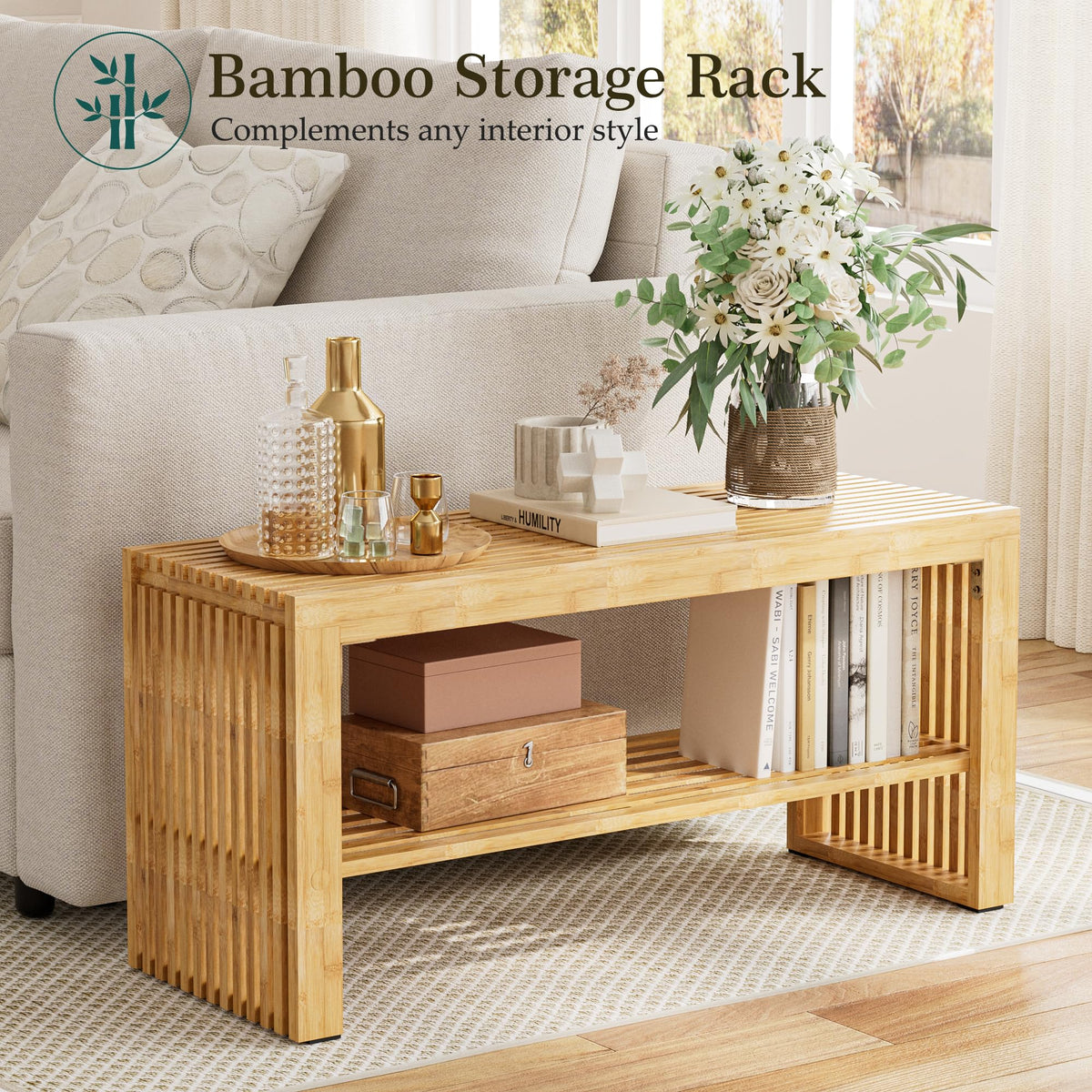 HEYZOEY Bamboo Hallway Bench with Shelf, Wooden Dining Bench, 35×13×17 in