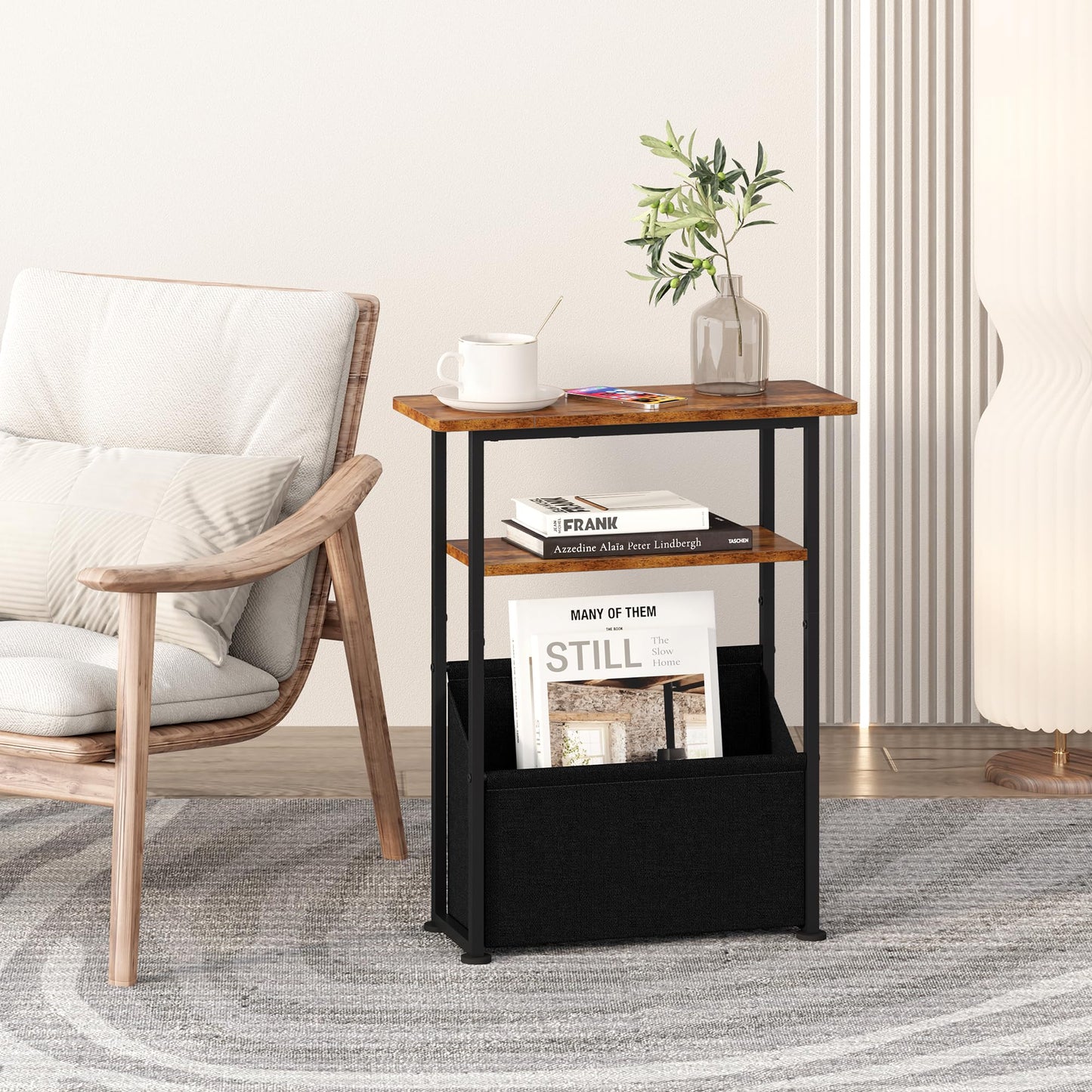 Yusong Narrow Side Table for Small Spaces, Skinny End Table with Storage Basket, 3 Tier Slim Sofa Couch Bedside Table, Thin Nightstand for Bedroom