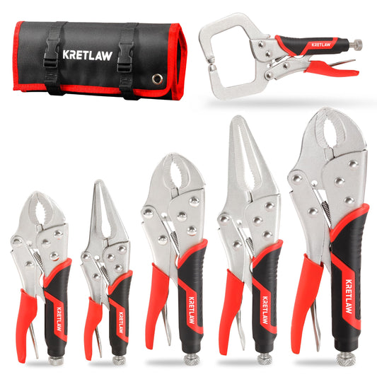 KRETLAW Locking Pliers Set 6PCs, Mole Grips Adjustable Wrench Vice Grips Pliers, 6-1/2?&9-1/2? Long Nose, 5?, 7? and 10? Curved Jaw, 6? C-clamp