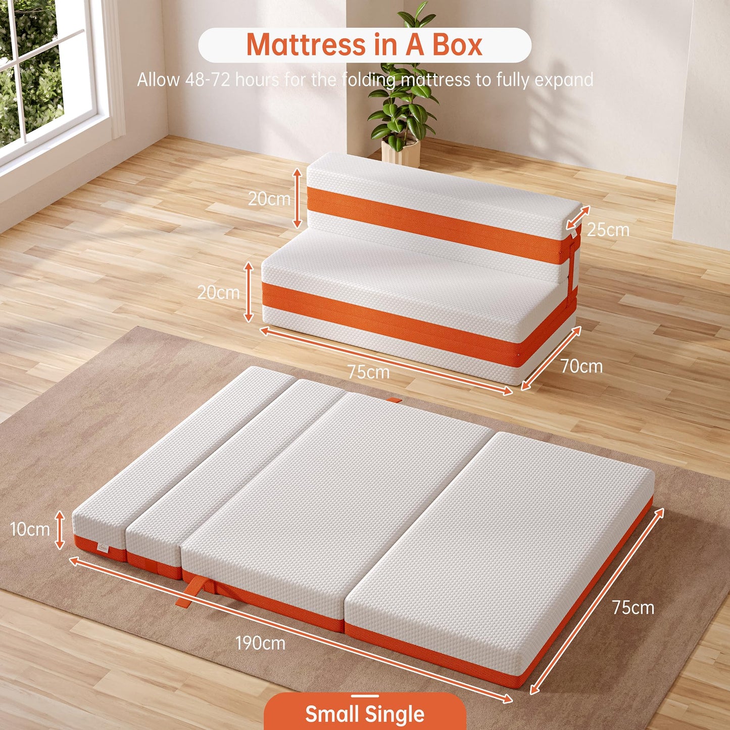TeQsli Folding Mattress, 10cm Small Single Foldable Mattress, Memory Foam with Removable Washable Cover, for Guest Sofa Bed, Camping, Travel