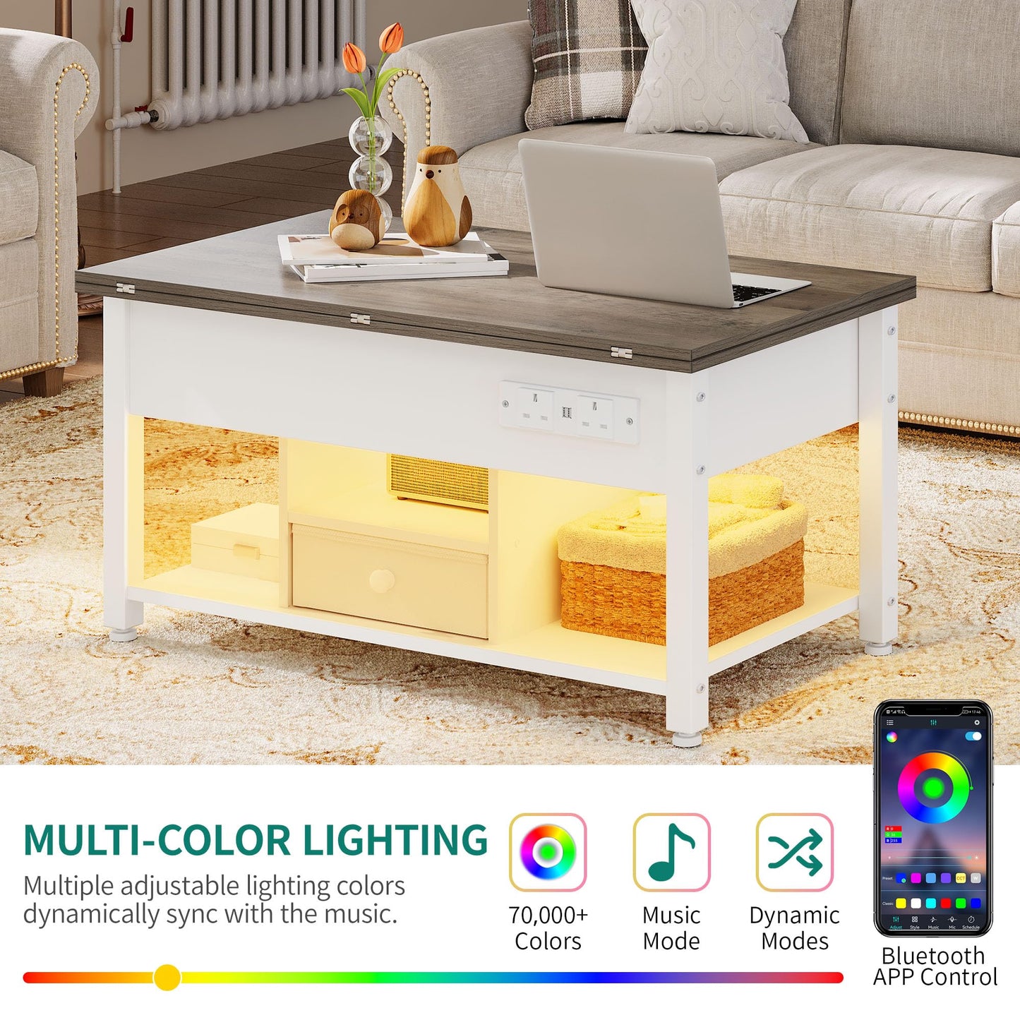 YITAHOME Folding Lift Top Coffee Table with Drawer, 4-in-1 Convertible Table with Storage Space and Type-G Outlets