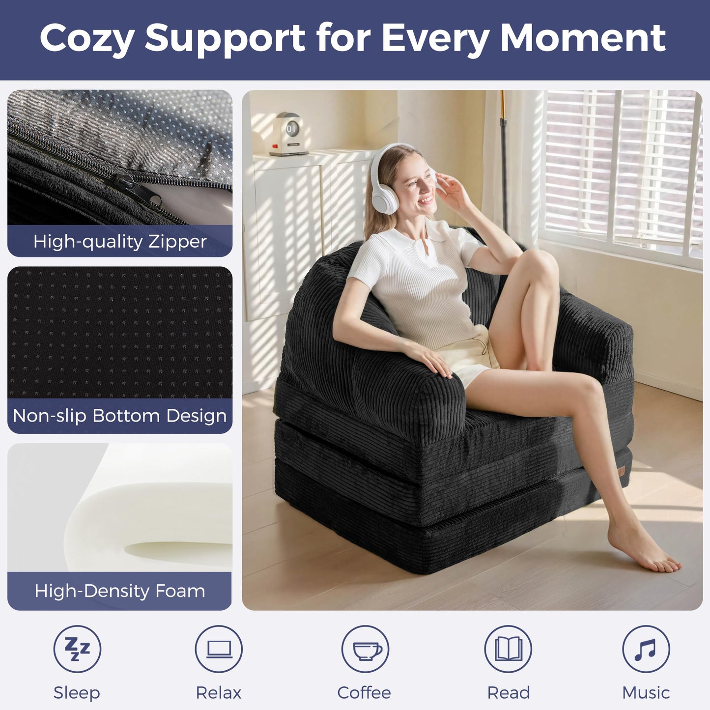MAXYOYO Folding Sofa Bed with Backrest, Boneless Fold Out Couch Bed with Handle, 2 in 1 Convertible Bean Bag Chair to Floor Sofa Lounger