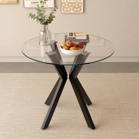 GOLDFAN Round Tempered Glass Dining Table Modern Kitchen Tables with Black Metal Legs 80cm Circle Table for Dining Room Office Lounge