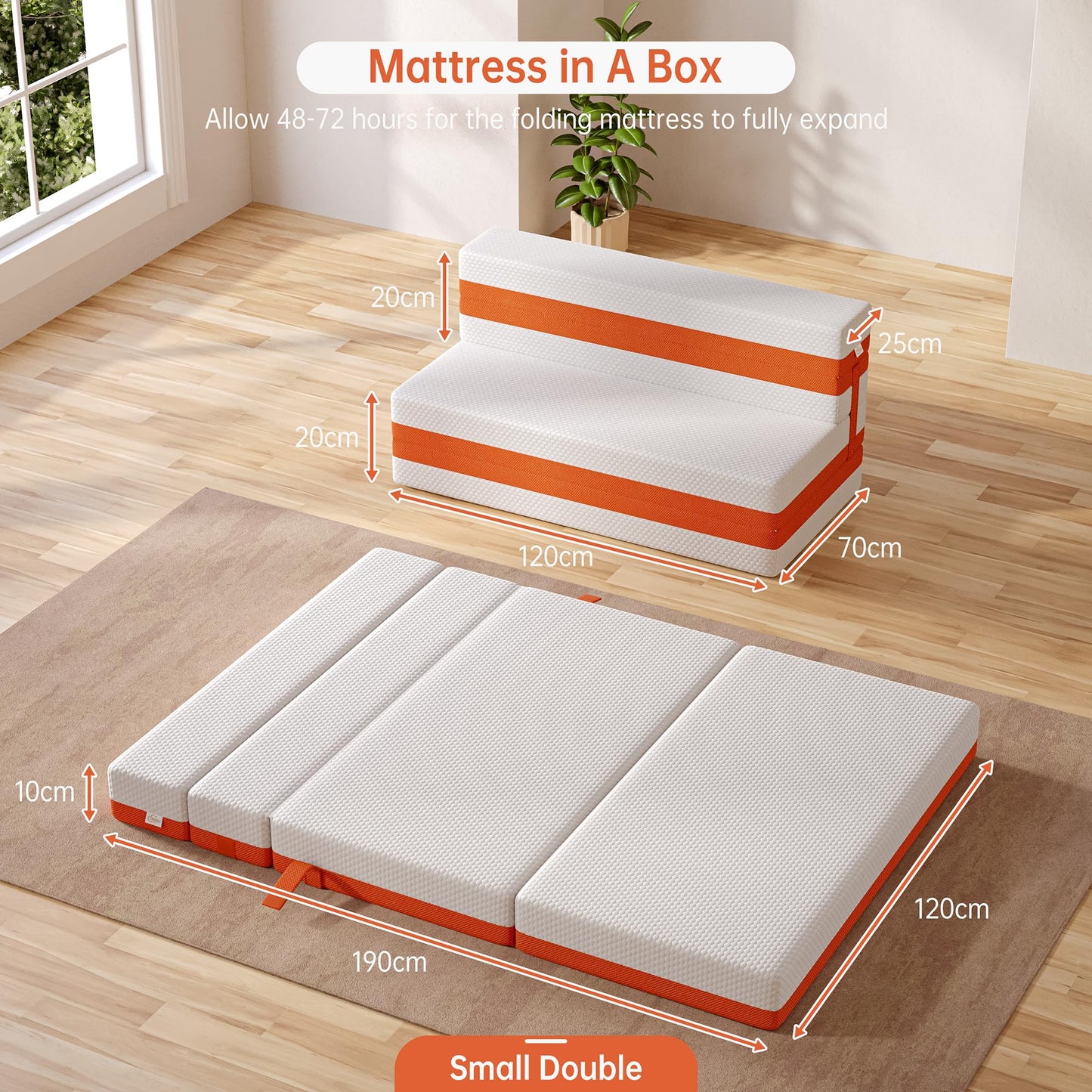 TeQsli Folding Mattress, 10cm Small Double Foldable Mattress, Memory Foam with Removable Washable Cover, for Guest Sofa Bed, Camping, Travel