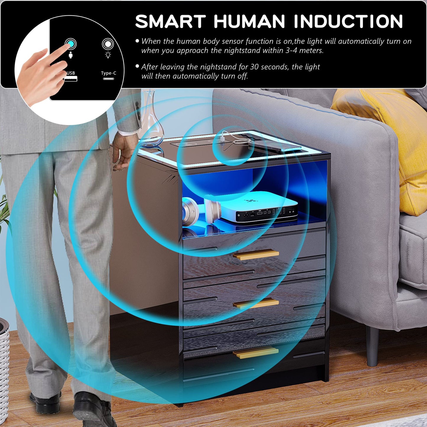 Bedside Table with Wireless Charging Station & 3 Drawers for Living Room