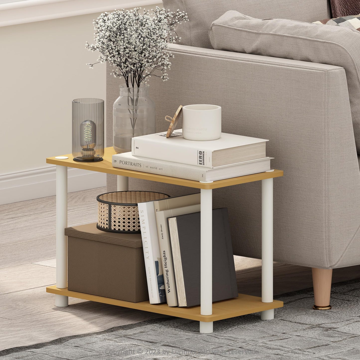 Furinno TURN-N-TUBE Side Table, 2-Tier Wide End Table with Open Shelf, Toolless Assembly Night Stand, Bedside Table, for Living Room, Bedroom