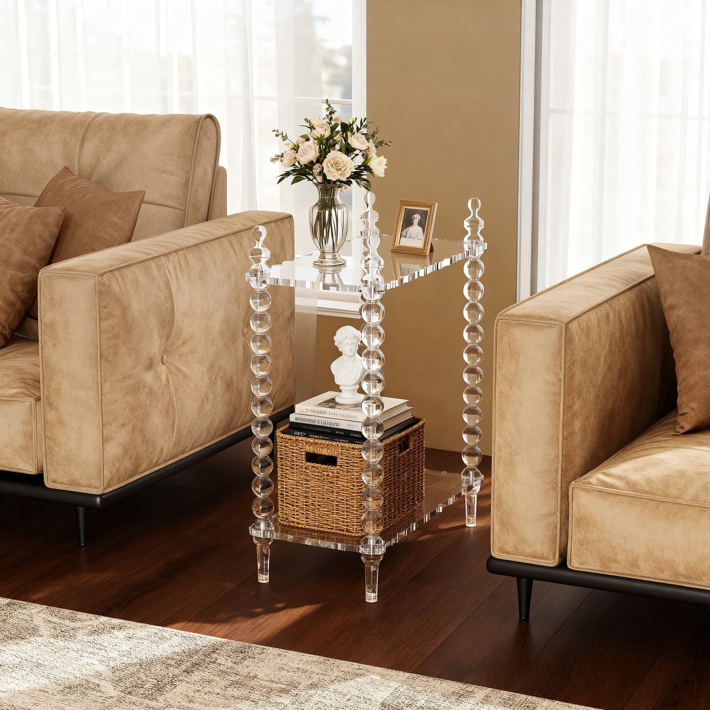 Dewrhiixe Acrylic Side Table 2-Tier, Clear Nightstand with Storage, Narrow Bedside End Table for Small Spaces (Clear, 20.7"×10.4“×25.9”)