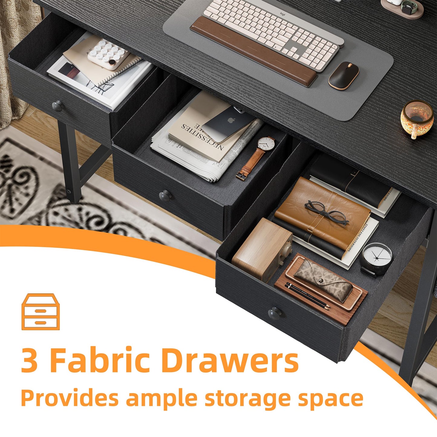 BEXEVUE Small Desk with Drawers, 100cm Comuputer Desk with Fabric Storage Drawers, Home Office Writing Desk for Small Spaces, Black