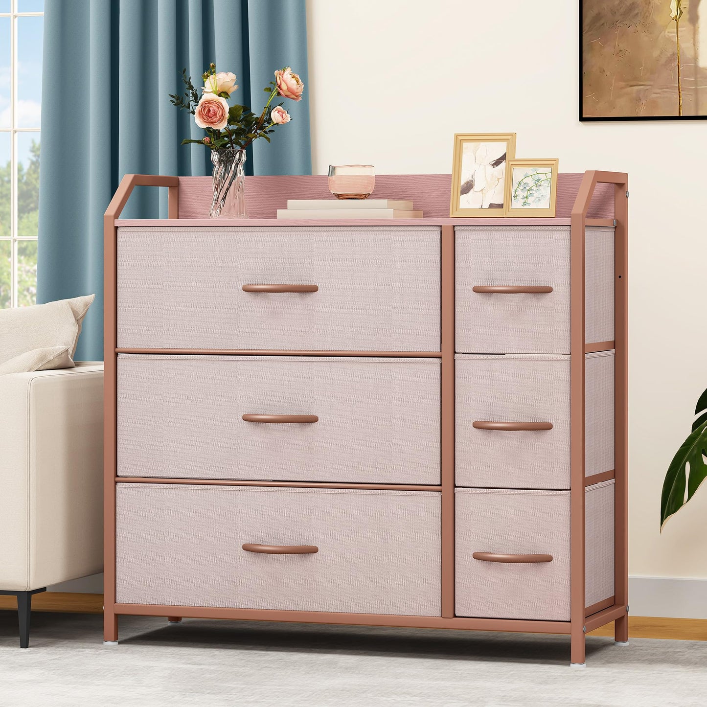 DWVO Chest of Drawers,Fabric Chest of Drawers Bedroom Cabinet with 6 Drawers,Dresser for Bedroom,Living Room With Handles,Wood Top and Sturdy Steel