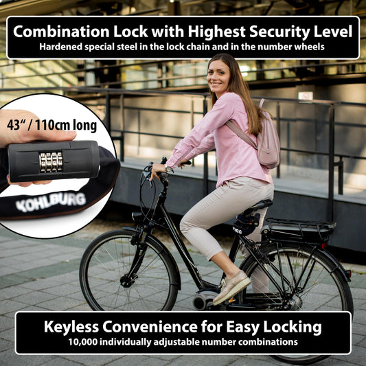 KOHLBURG Heavy Duty Combination Bike Lock [Sold Secure Gold] 43"/110cm Long with Maximum Security ? Anti Theft Bike Chain Lock with Numeric Code & 8mm