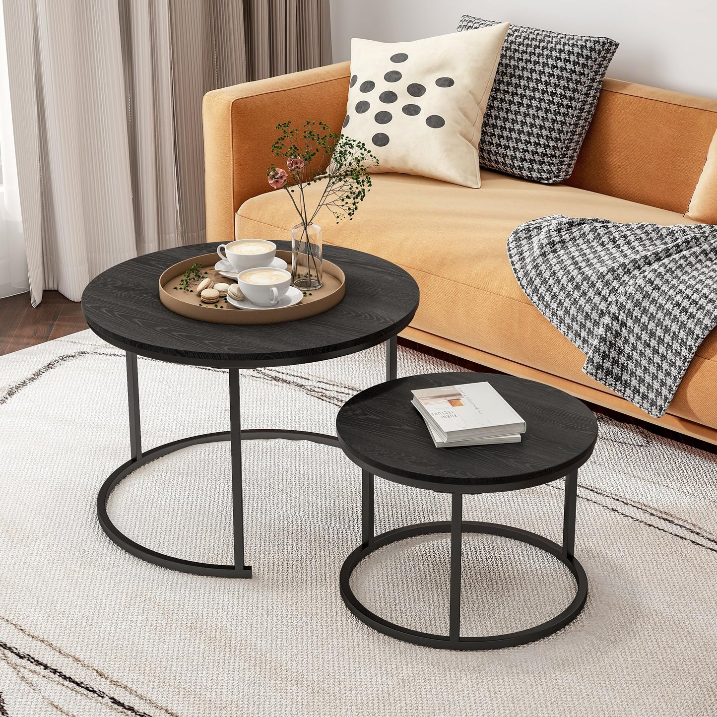 HOJINLINERO Round Coffee Table Side Table Set of 2 for Living Room,Black Coffee Table Nesting Tables Metal Frame with Wood Look,Sturdy and Easy