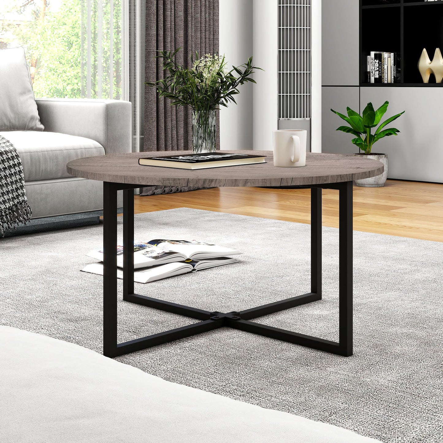 HOMERECOMMEND Round Coffee Table for Living Room,Circle Coffee Tables,Grey