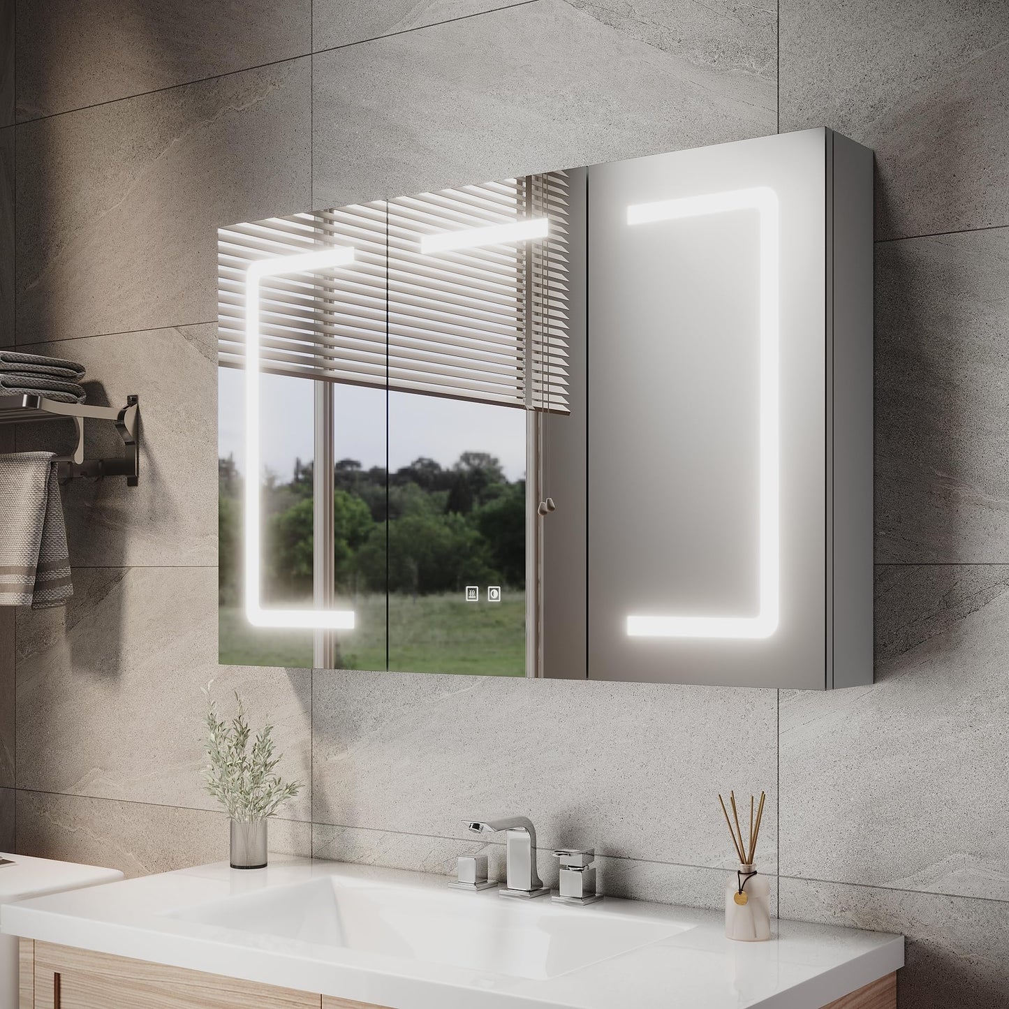 ELEGANT LED Bathroom Mirror Cabinet with Shaver Socket, Grey, 900x600mm
