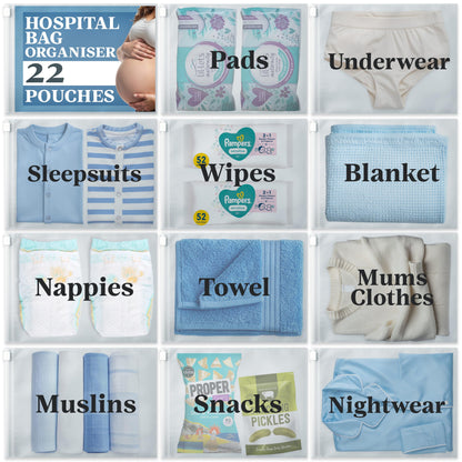 22 x Maternity Hospital Bag Organiser Pouches - Labelled Maternity Bags