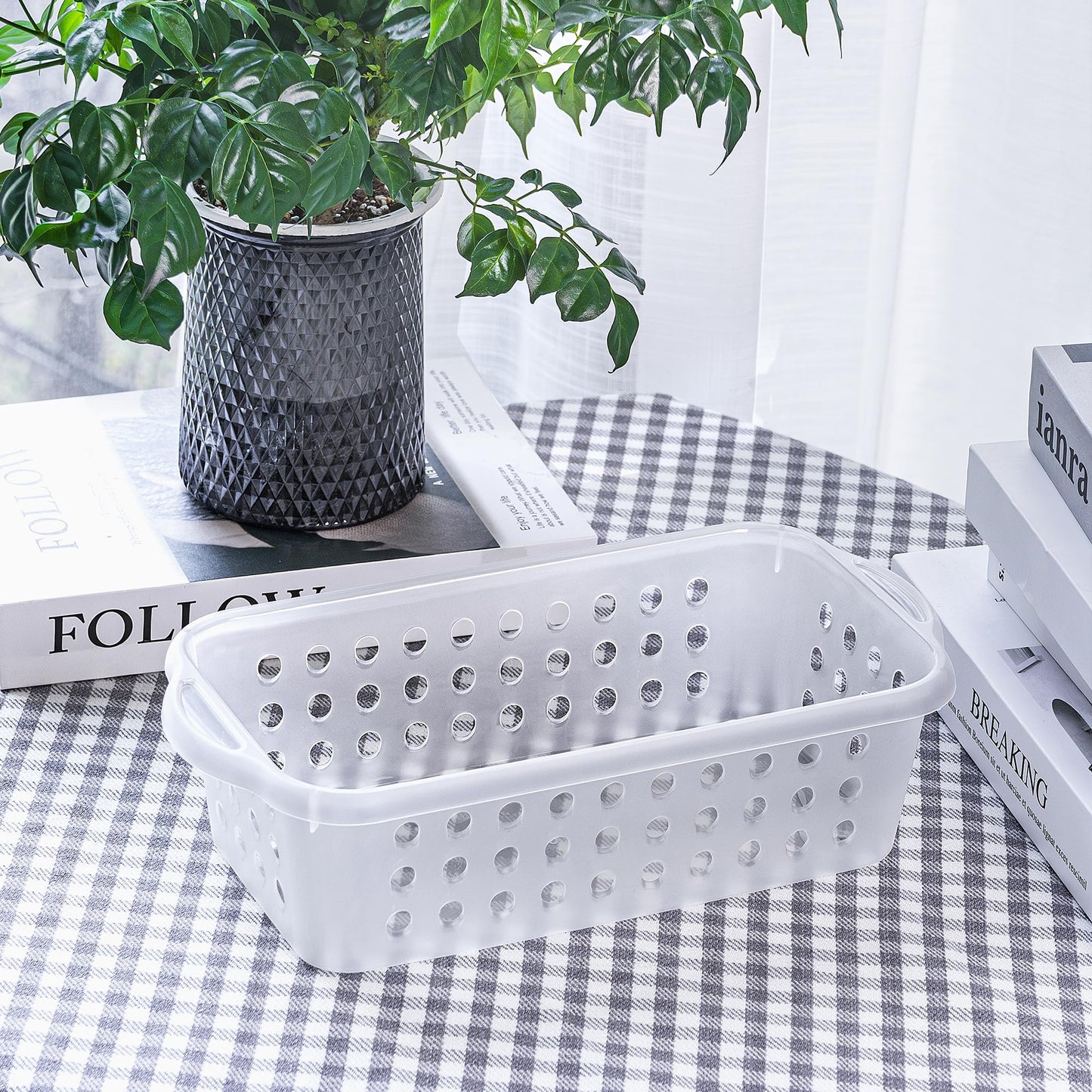 Cetomo Plastic Storage Baskets with Handle, Storage Boxes, Shelf Basket Organizer with Hole, Open Top Storage Bin for Shelves Home Kitchen Office