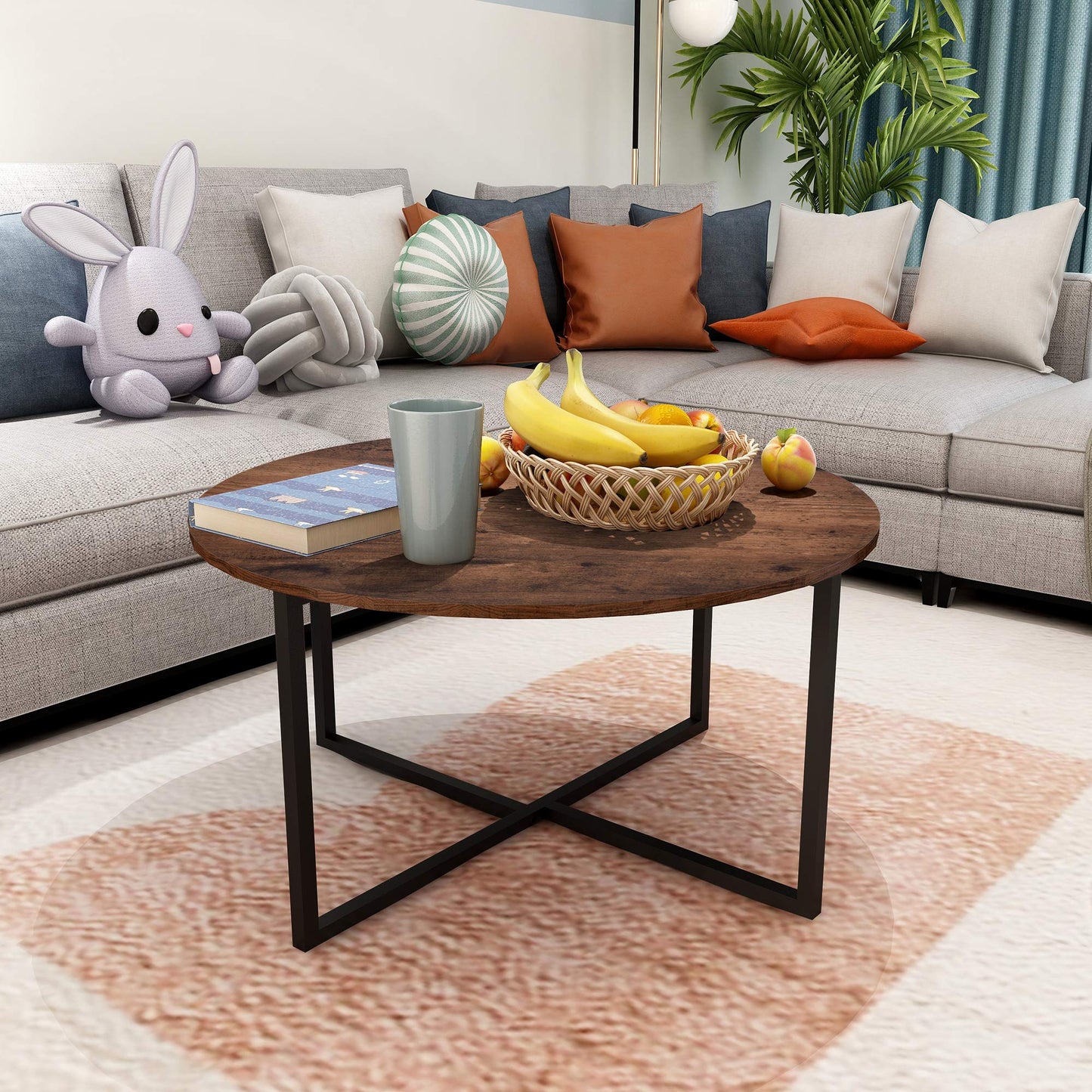 HOMERECOMMEND Round Coffee Table Tea Table Dining Table Modern Office Desk End Table Sofa Table for Living Room Rustic Brown/Black