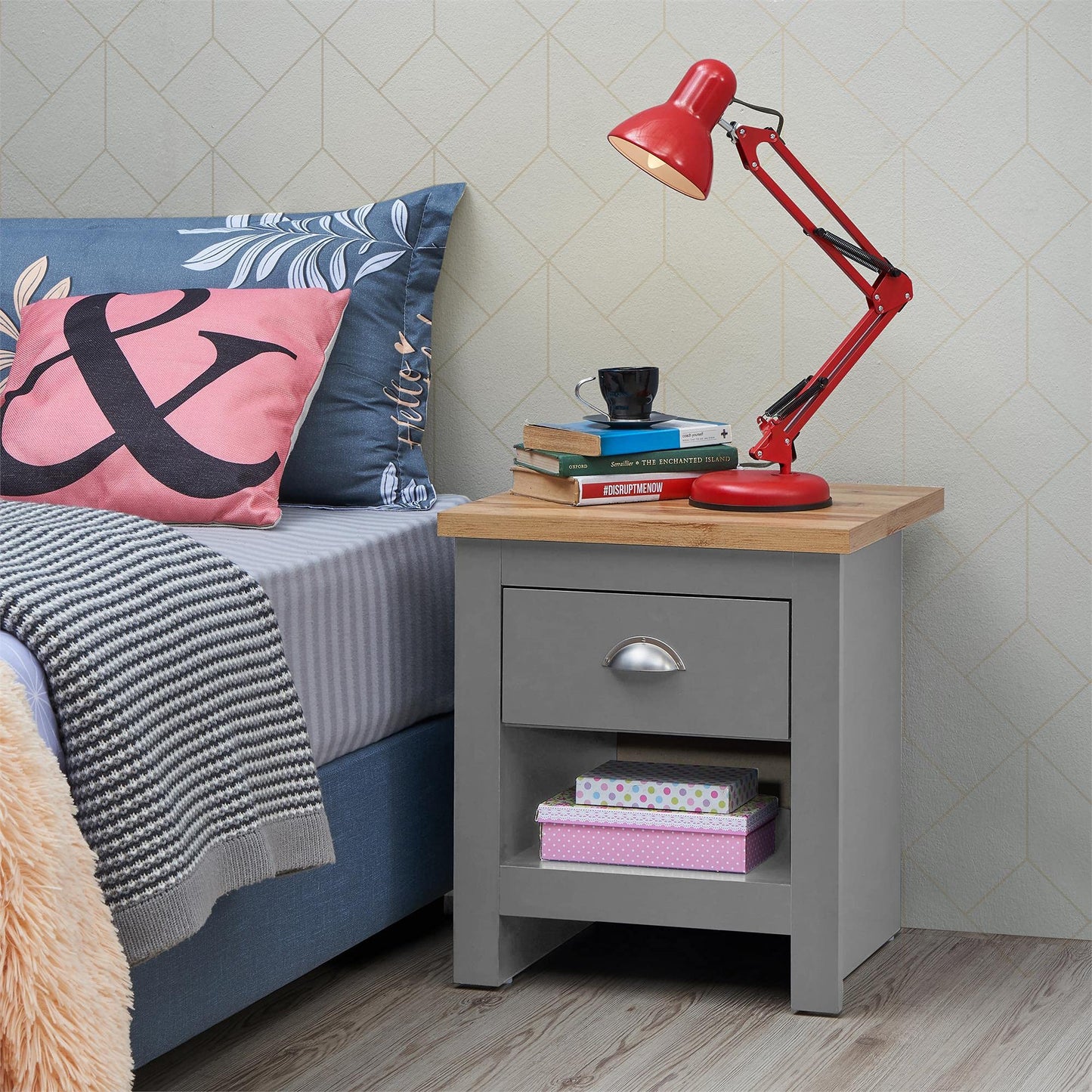 Timber Art Design UK Lisbon 1 Drawer Chest Bedside Cabinet Storage Unit Nightstand Table Modern Furniture for Living Room, Bedroom, Hallway, Light