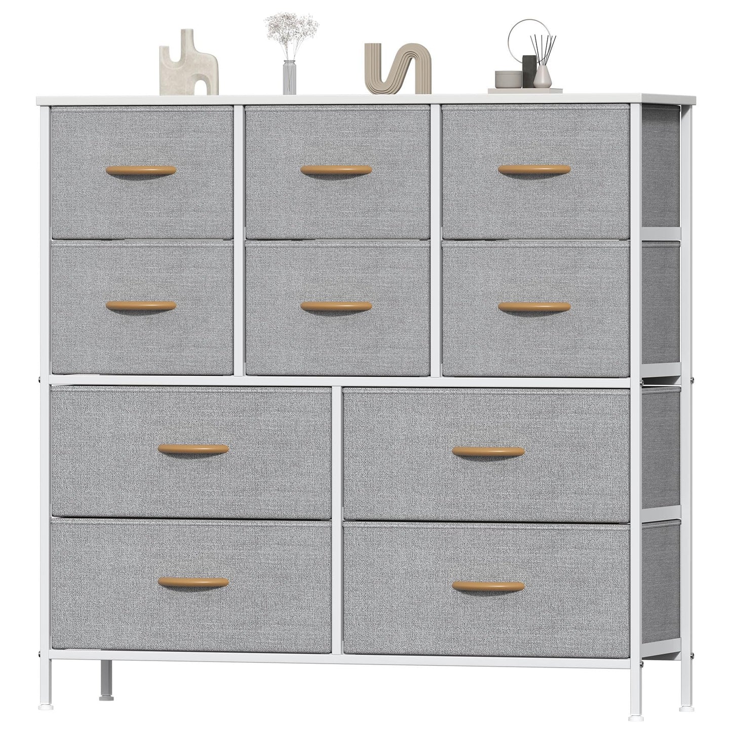Feonase Chest of Drawers, Bedroom Tall Dresser with 10 Fabric Drawers, Metal Frame & MDF Wood Top, Adjustable Feet