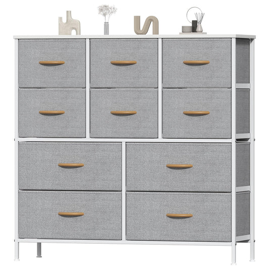Feonase Chest of Drawers, Bedroom Tall Dresser with 10 Fabric Drawers, Metal Frame & MDF Wood Top, Adjustable Feet