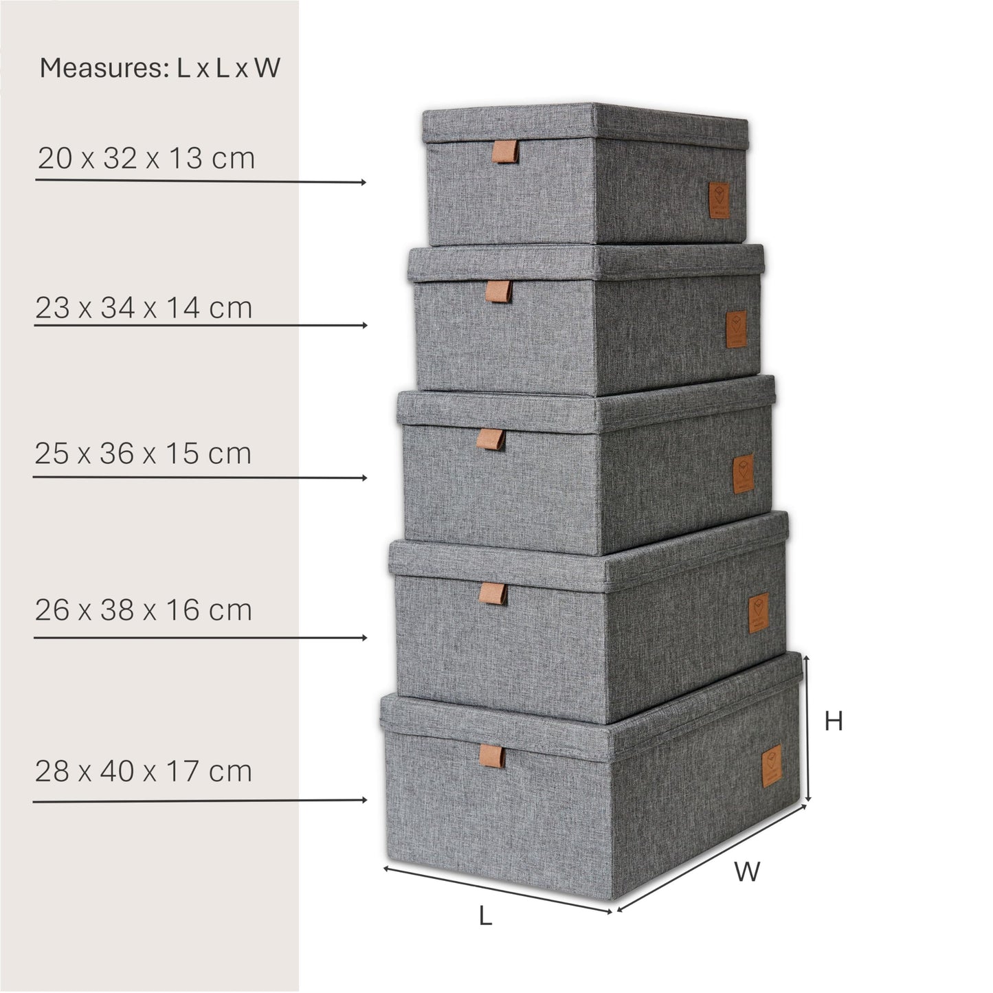 LOVE IT STORE IT Premium Storage Box with Lid Fabric 5 Pieces - Linen Stacking Boxes - Reinforced with Cardboard - Grey - Set of 5, Various Sizes