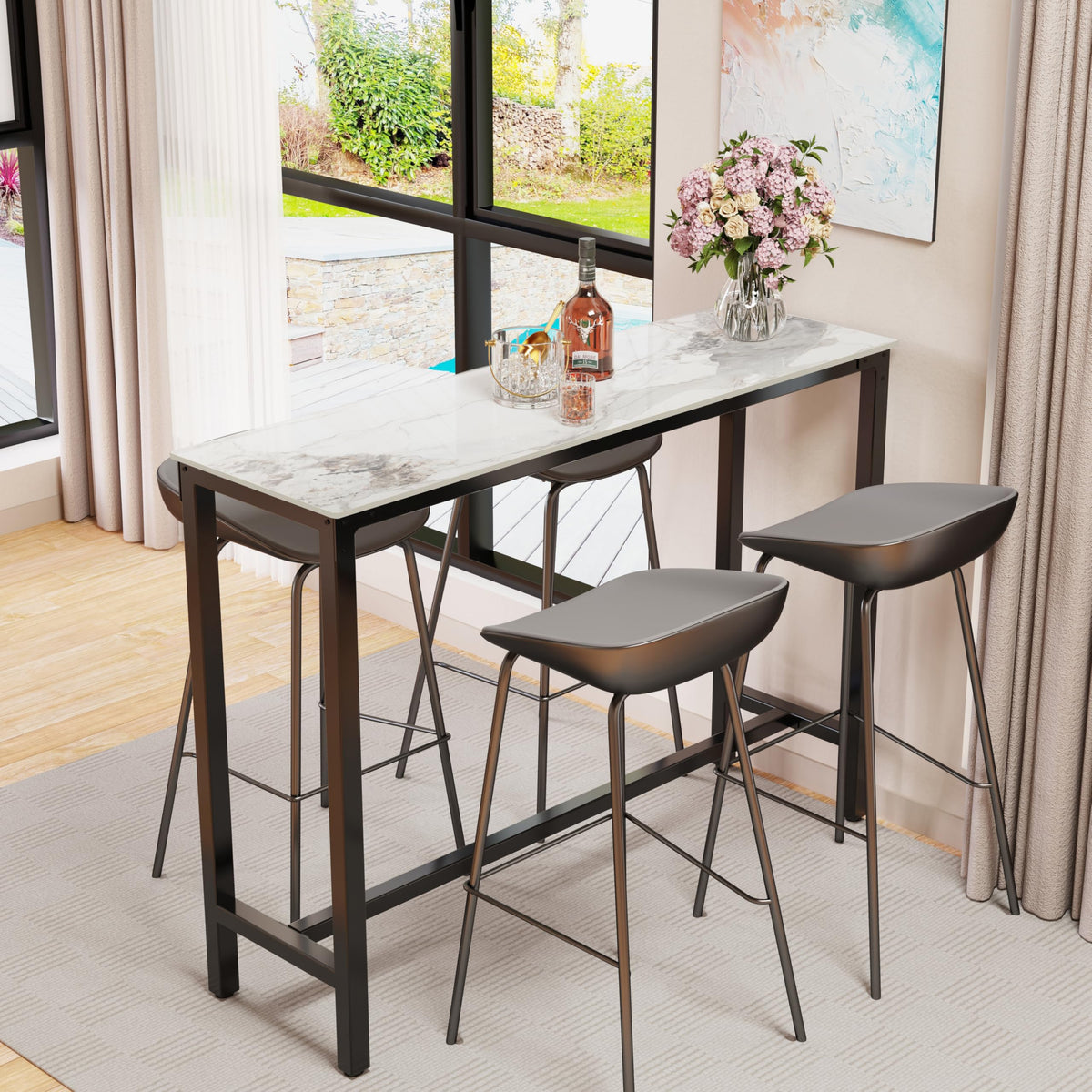 FATIVO 120cm Rectangular Bar Table Sintered Stone Marble Top, 105cm Height