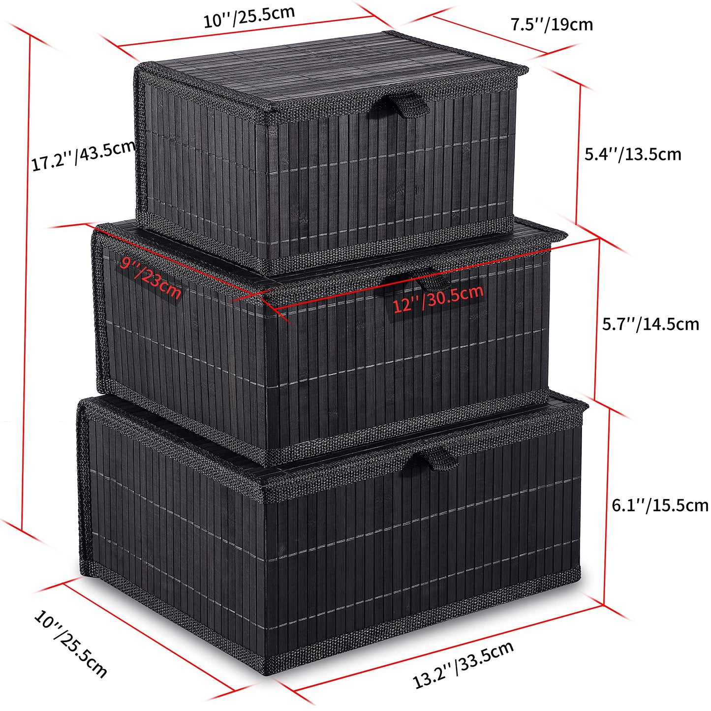 Honygebia Storage Basket with Lid – Black Decorative Bamboo Box for Organizing, Set of 3 Wicker Basket and Woven Fabric Lining for Home, Kitchen