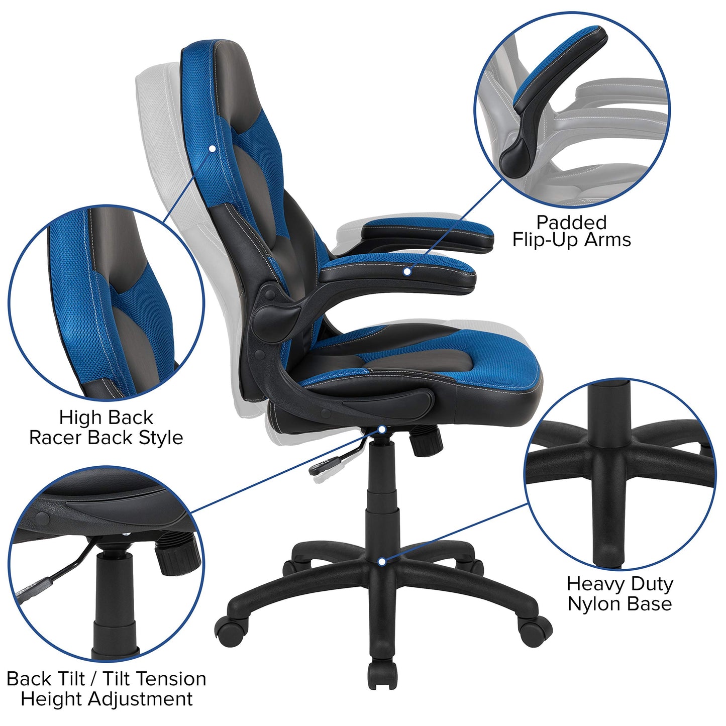 Flash Furniture X10 Gaming Chair - Ergonomic Office Chair for PC & Gaming Setups, Adjustable Gamer Chair with LeatherSoft Back Support, Blue/Black