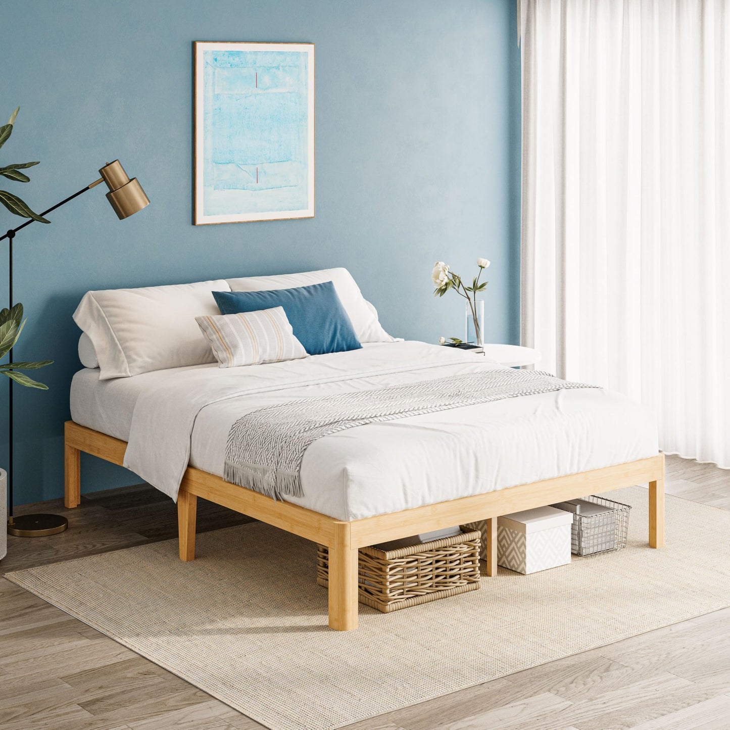 QFtime Bamboo Wood King Size Bed Frame with Metal Slats Support, Platform King Bed Frame, Easy to Install, Noise Free, Sturdy, 35.5 cm High