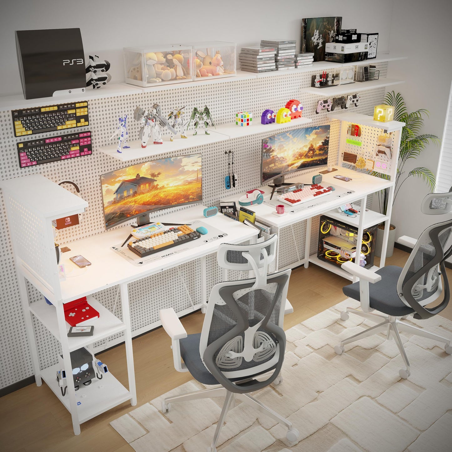 Xyphren Gaming Desk with Pegboard & Power Outlet & LED Light, Small Computer Desk with Reversible Shelves for Corner Home Office Desk, 140 * 50cm