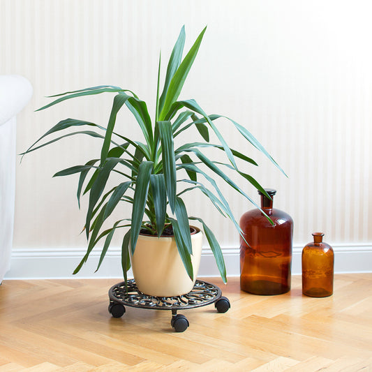 Relaxdays Plant Caddy Cast Iron Round 33.5 Diameter Plant Pot Trolley Metal Mover with Wheels, Metal Plant Dolly in Art Nouveau Style w/ 4 Wheels,