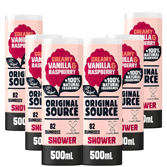 Original Source Vanilla Milk and Raspberry Shower Gel, 100 Percent Natural Fragrance, Vegan, Cruelty Free, Paraben Free, Bulk Buy, Pack of 6 x 500 ml