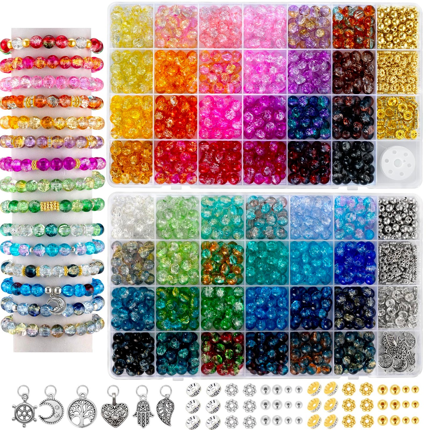 Zefy 8mm Glass Beads for Bracelet Making, 48 Colors 1500+ Pcs Crackle Glass Beads for Jewellery Making, Round Crystal Gemstone Bead for DIY Earrings