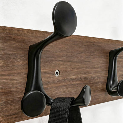 HONSKY Wall Mounted Coat Rack, 76cm Solid Paulownia Wood Base,5 Black Sturdy Aluminium Alloy Triple Hooks15 Hanging Points