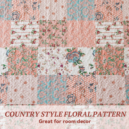 Qucover American Style Patchwork Quilt Soft and Lightweight Summer Bedspread King Size Elegante Flower Parrten Breathable Polyester Quilted Bedspread