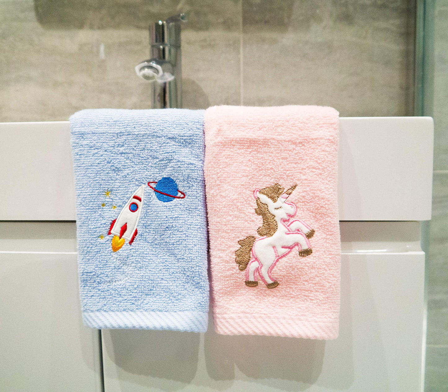 Lex's Linens Pack of 2 Kids Face Cloth (1 of Each) (Unicorn & Rocket)