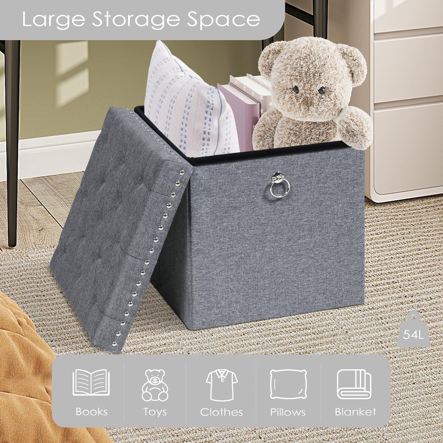 Bonlife Cube Ottoman with Tray, Foldable Storage Footstool, 150kg Capacity