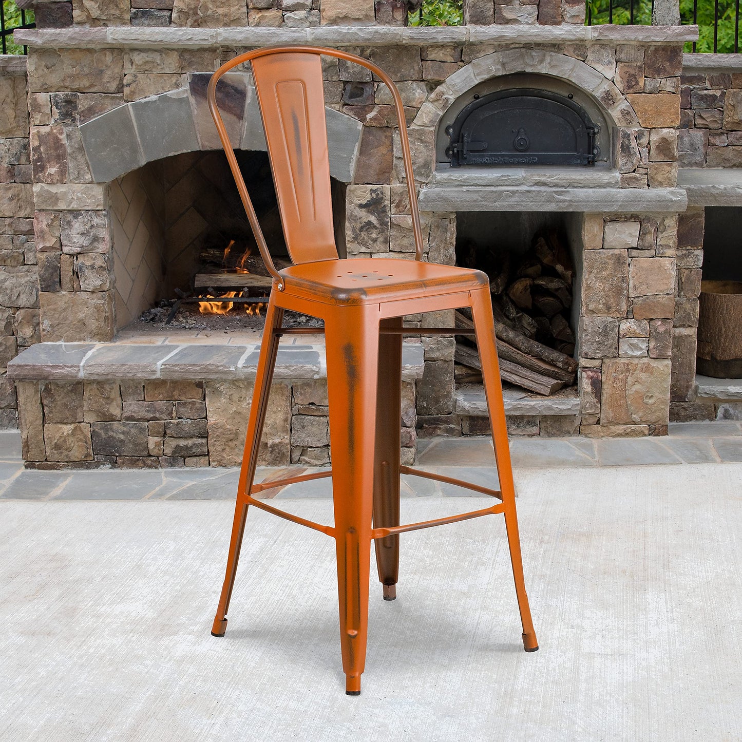 Flash Furniture Blake Commercial Grade 4 Pack 30" High Distressed Orange Metal Indoor-Outdoor Barstool with Back
