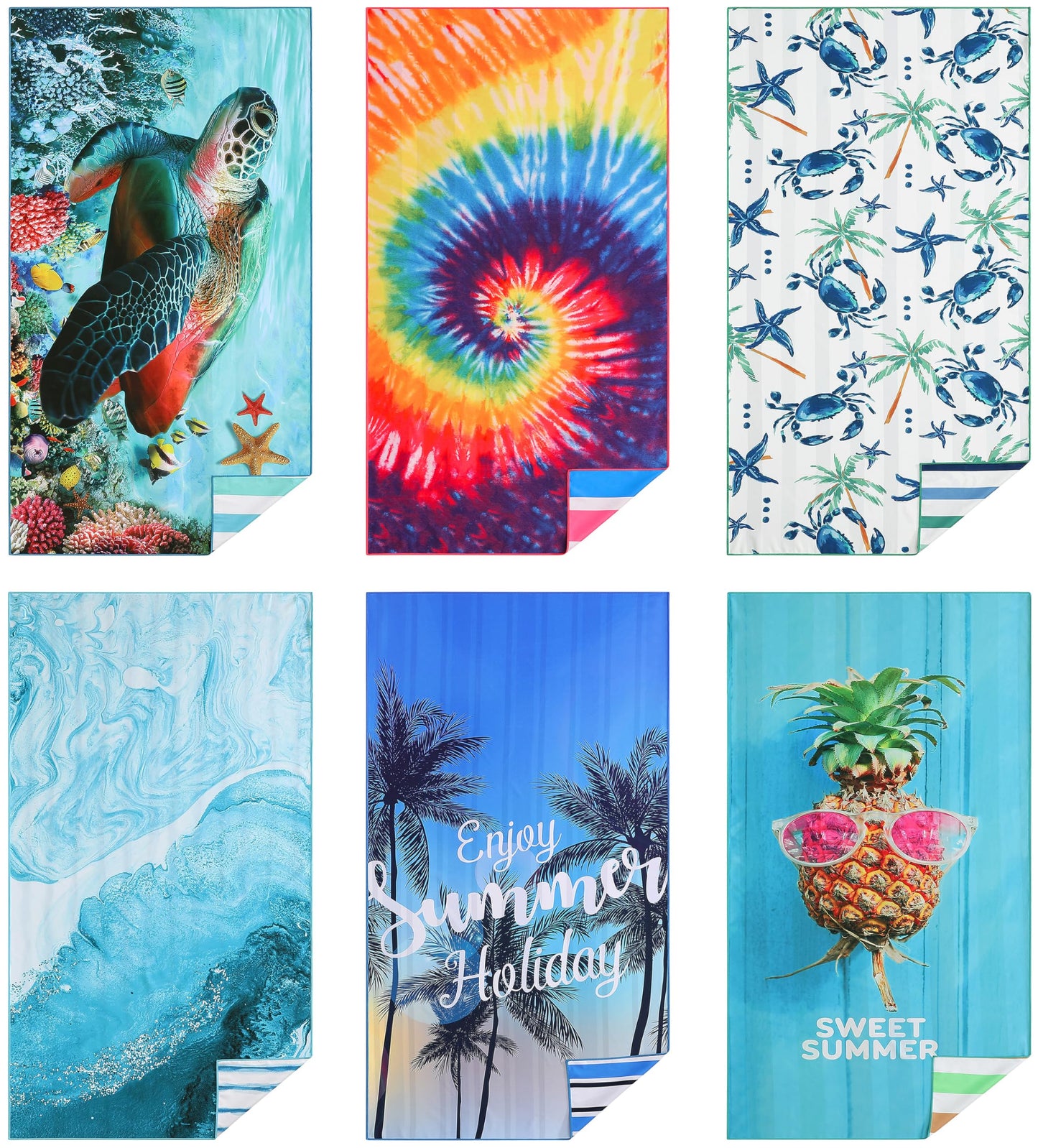 Casa Platino 6-Pack Oversized Microfiber Beach Towels – 71"x32" Sand-Free, Lightweight & Quick-Dry – Double-Sided Printed Pool, Travel