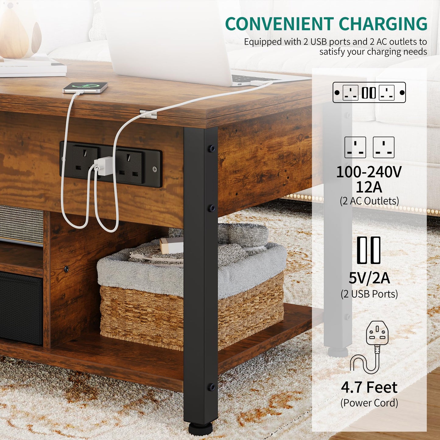 YITAHOME Folding Lift Top Coffee Table with Drawer, 4-in-1 Convertible Table with Storage Space and Type-G Outlets