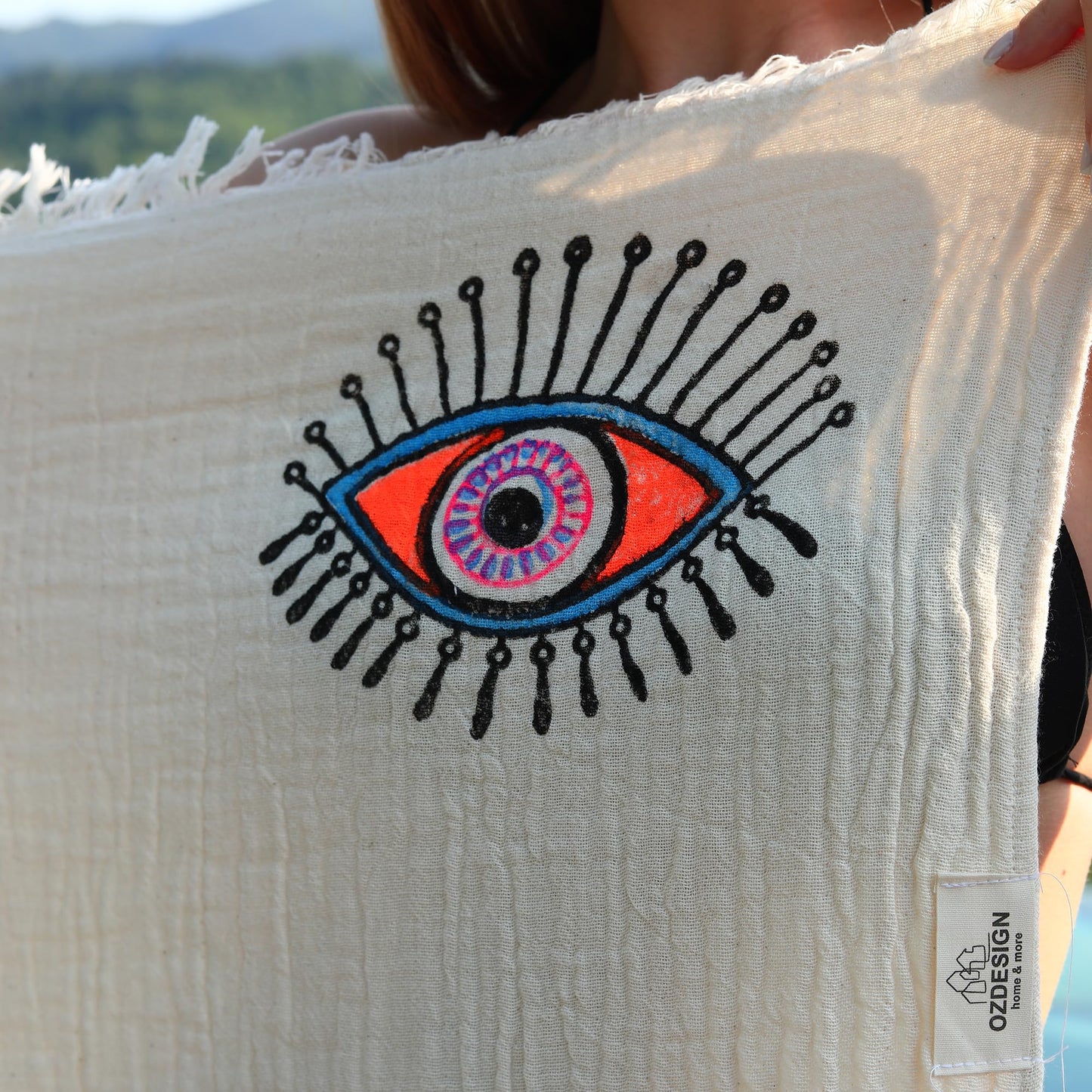 OZDESIGN Colorful Evil Eye Stone Print Turkish Towel – 100% Cotton Double Layered Peshtemal 90x170 cm – Lightweight, Absorbent