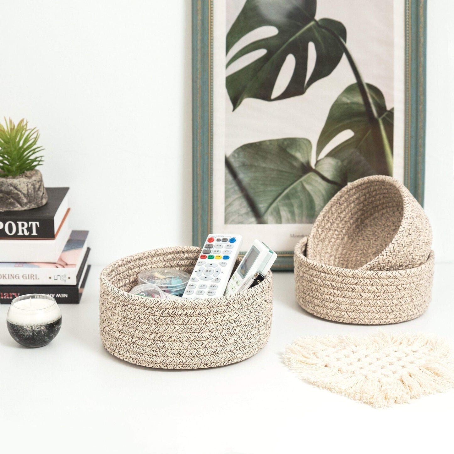 MINTWOOD Design Set of 3 Cotton Rope Nesting Bowls, Small Catch All Basket, Cute Closet Baskets and Bins for Shelves