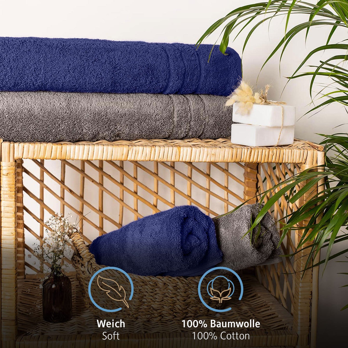 Komfortec Bath Towels, 100% Cotton, Quick Dry, 70x200, Grey & Royal Blue