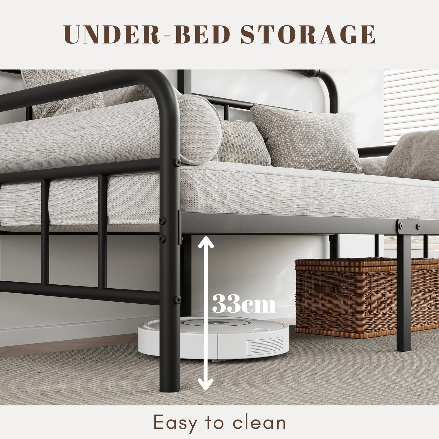 QFtime Metal Day Bed Frame with Headboard - Single Bed Frame with Underbed Storage and Steel Slat Support - Easy Assembly, Noise Free Black