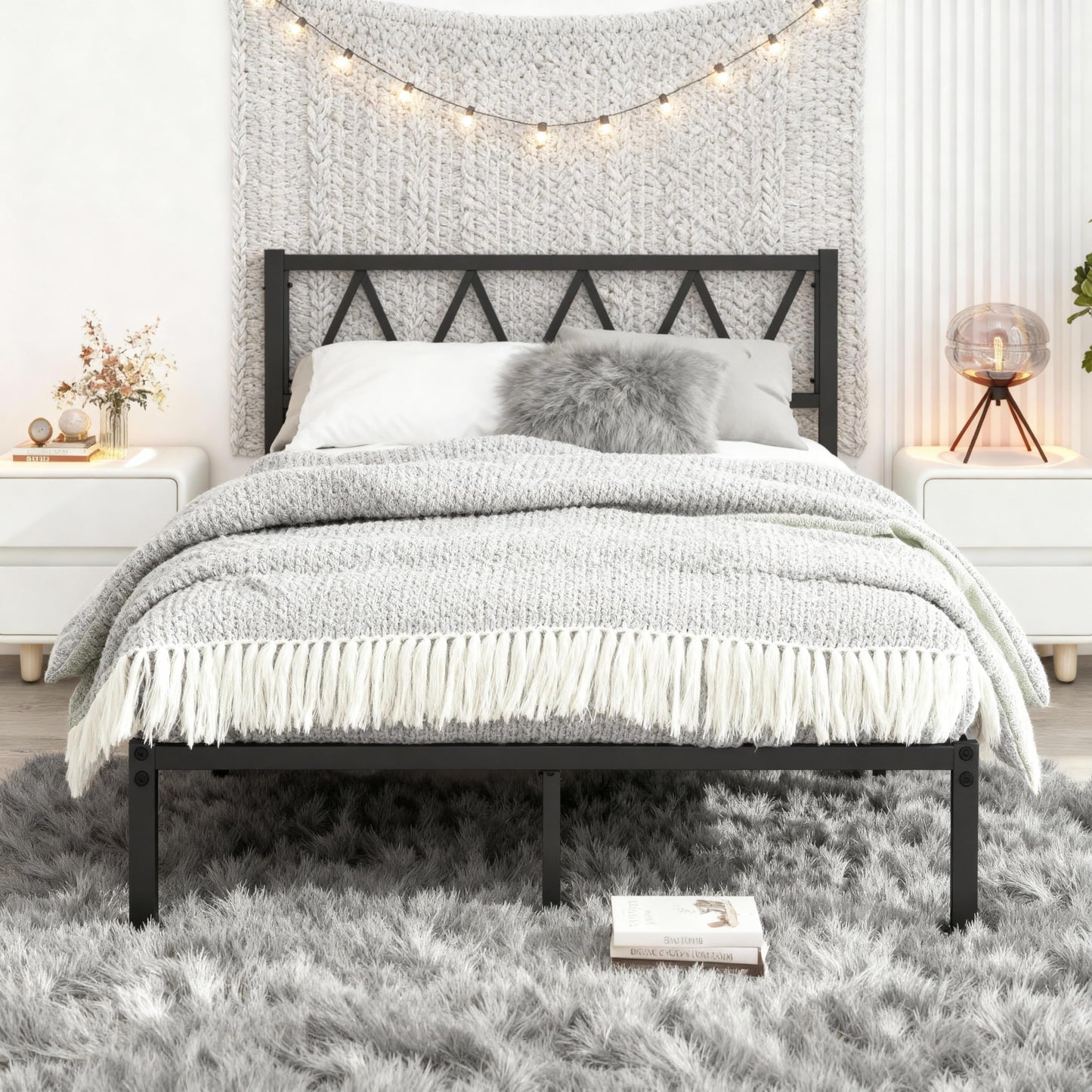 MOFLUT Double Bed Frame with Headboard, Heavy Duty Metal Bed Frame Full Size Under Bed Storage, Easy Assembly, Double Black Bed Frames