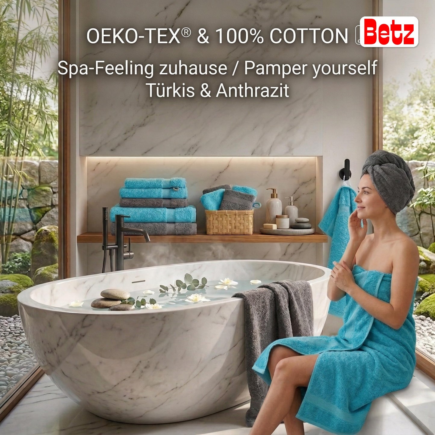 Betz 10 pcs. Towel set Premium 100% cotton 2 shower towels 4 hand towels 2 guest towels 2 washing gloves, color turquoise & anthracite gray