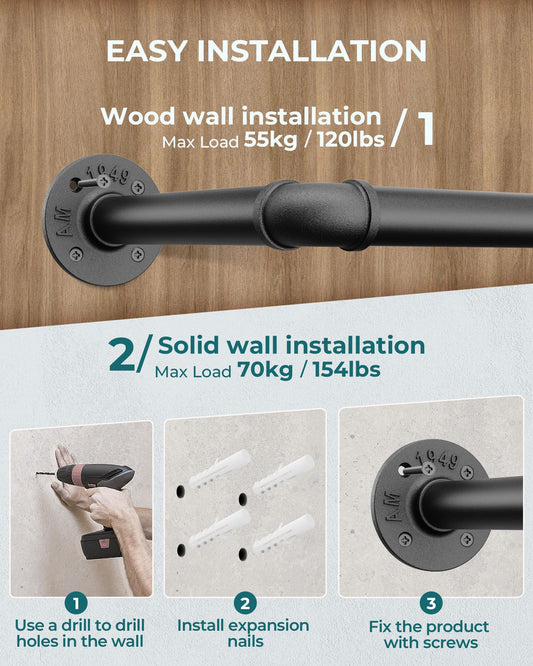 OROPY Industrial Pipe Clothes Rail, 167cm Wall Mounted Detachable Retro Metal Clothing Rail for Hanging Clothes, Heavy Duty Clothes Rail for Bedroom