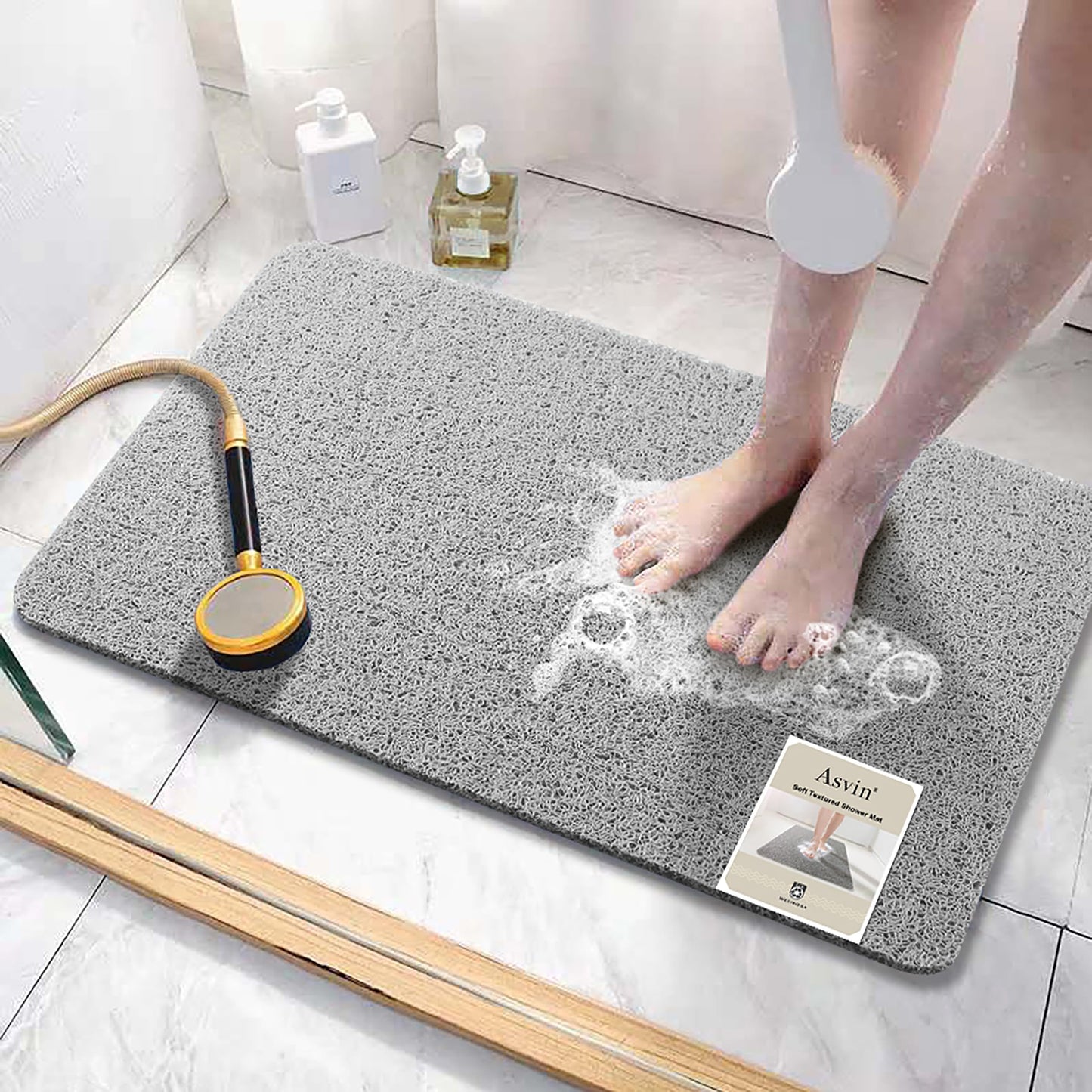 Asvin Soft Textured Bath, Shower, Tub Mat, 47x16 Inch, Phthalate Free, Non Slip Comfort Bathtub Mats with Drain