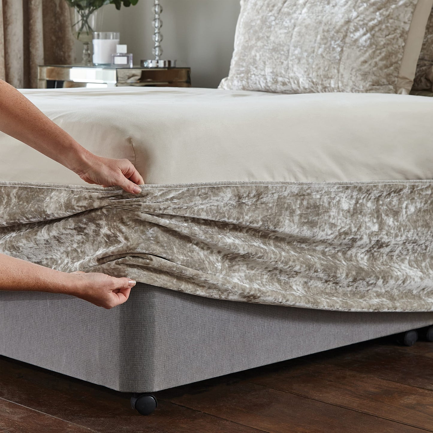 Catherine Lansfield Crushed Velvet King Divan Base Wrap Natural BD/46254/W/BWRAPK/NT